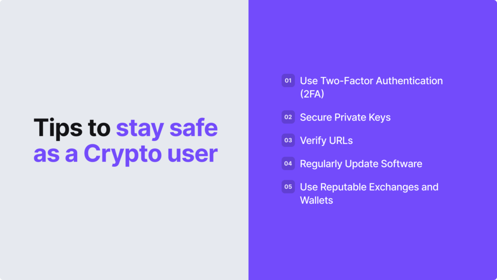 Infographic listing top tips to avoid crypto scams as a user.