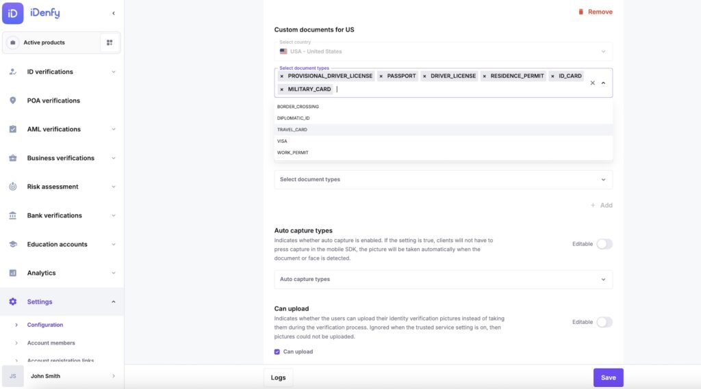 Supported ID document type configuration in iDenfy dashboard