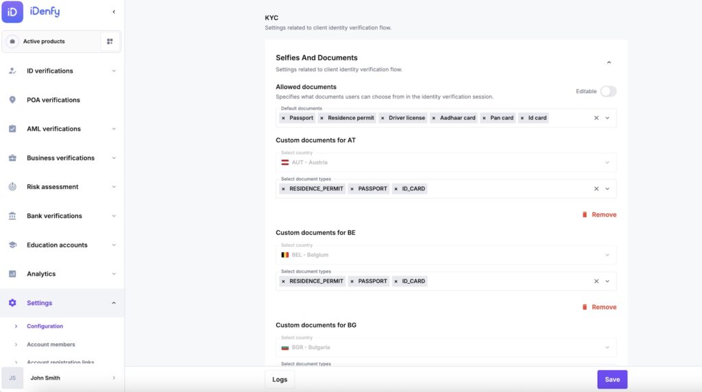 Supported countries configuration.