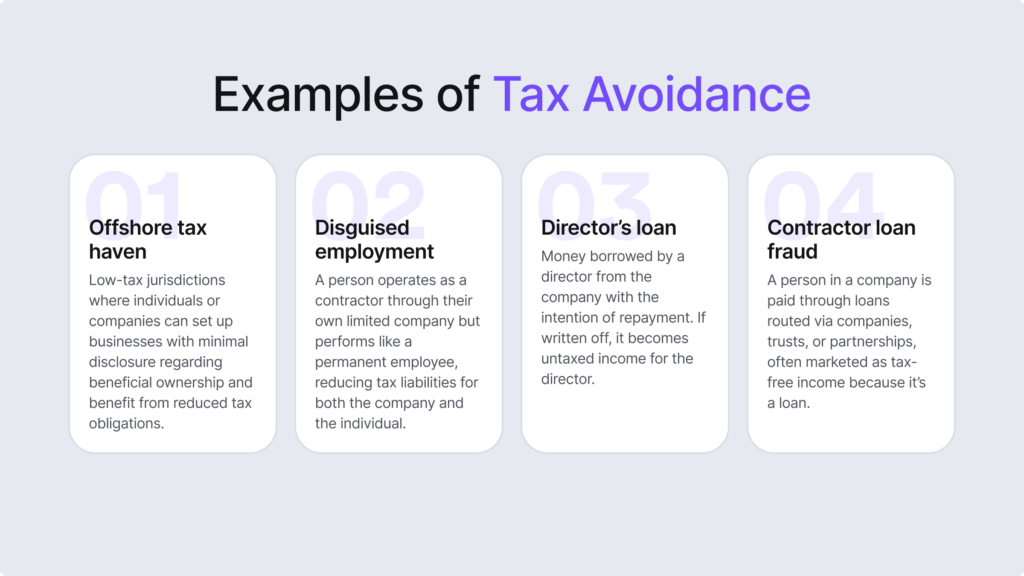 The infographic lists four examples of tax avoidance, such as contractor loan fraud or director's loan. 