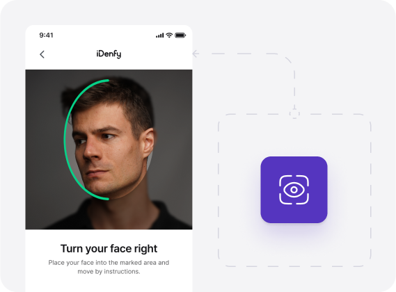 Example of an ongoing face verification with the app asking the user to turn their face to the right.