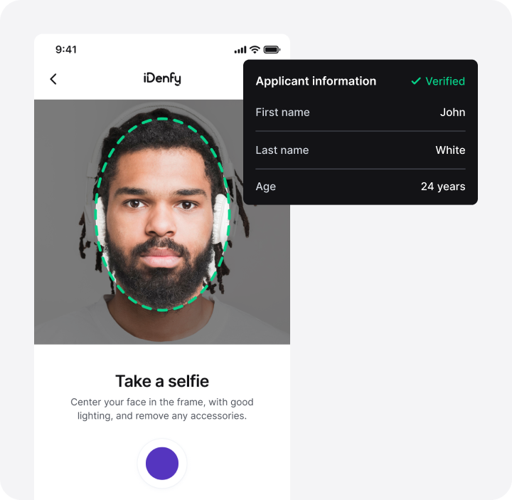 A collection of images showing a person taking a selfie and his personal information being verified.
