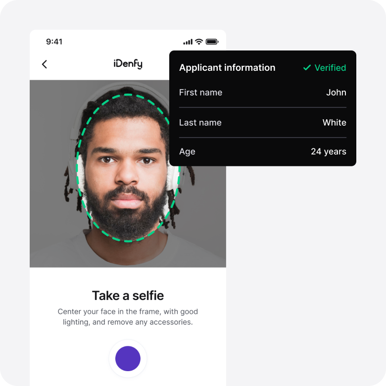 A collection of images showing a person taking a selfie and his personal information being verified.