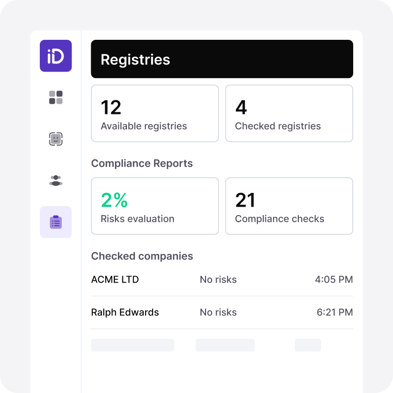 A part of iDenfy's dashboard showing the registries report.