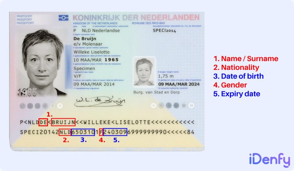 An illustration showing the location of various pieces of information on a passport.