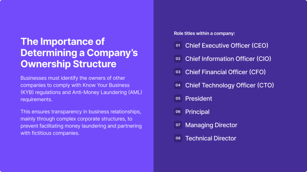 Infographic on the importance of determining a company's ownership structure with a list of role titles within a company.