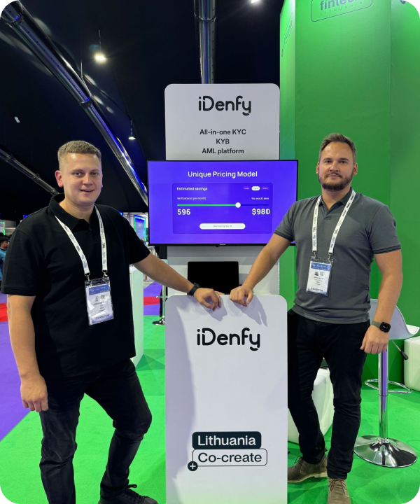 A photo of the members of the iDenfy team on the right, with statistics about the company on the left side.