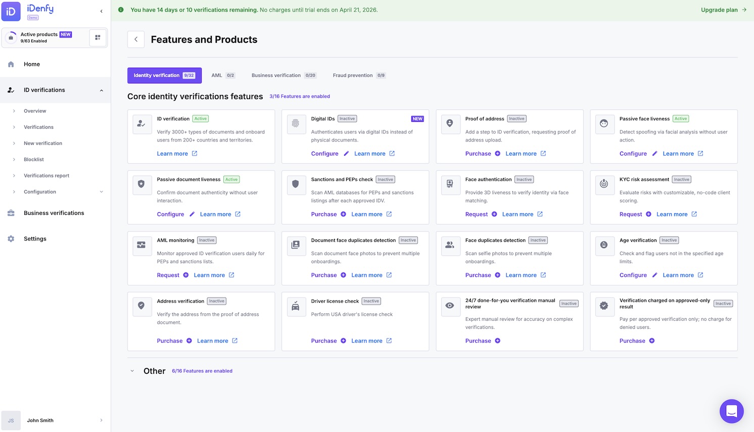 iDenfy dashboard showing the full list of available verification products and features.