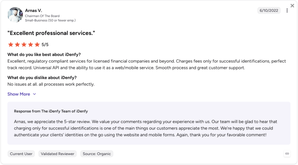 G2.com review about iDenfy ID verification Software