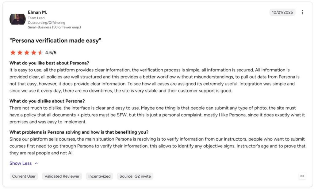 Customer comment from g2.com about Persona