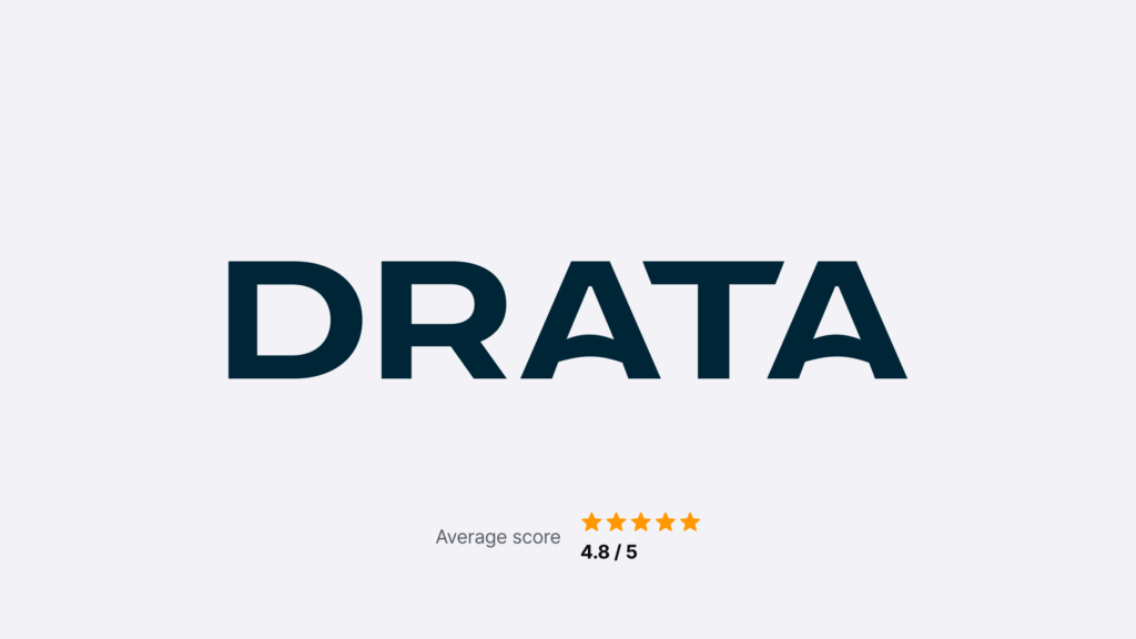 Logo of Drata with the score of 4.8 out of 5.