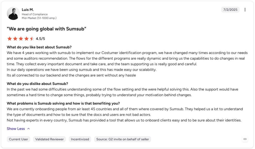 Comment about Sumsub from g2.com