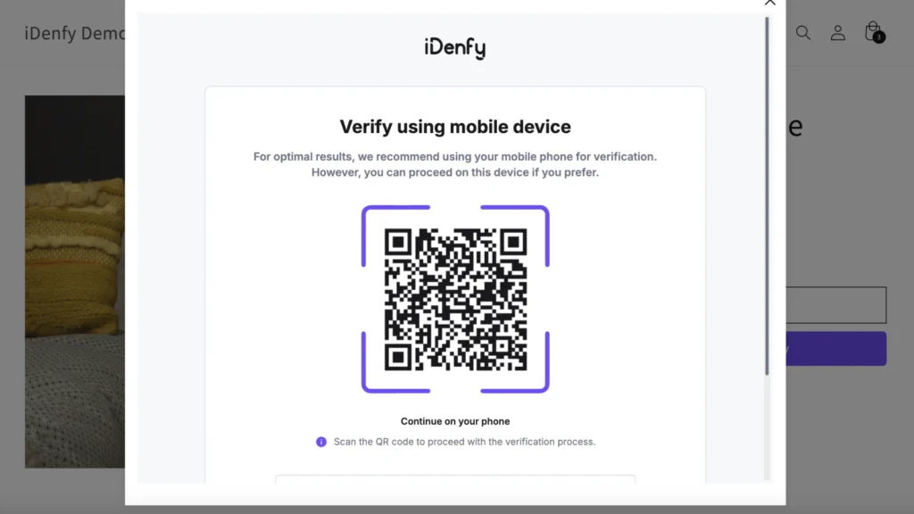 Example of the iDenfy pop-up screen requesting a QR code scan. 
