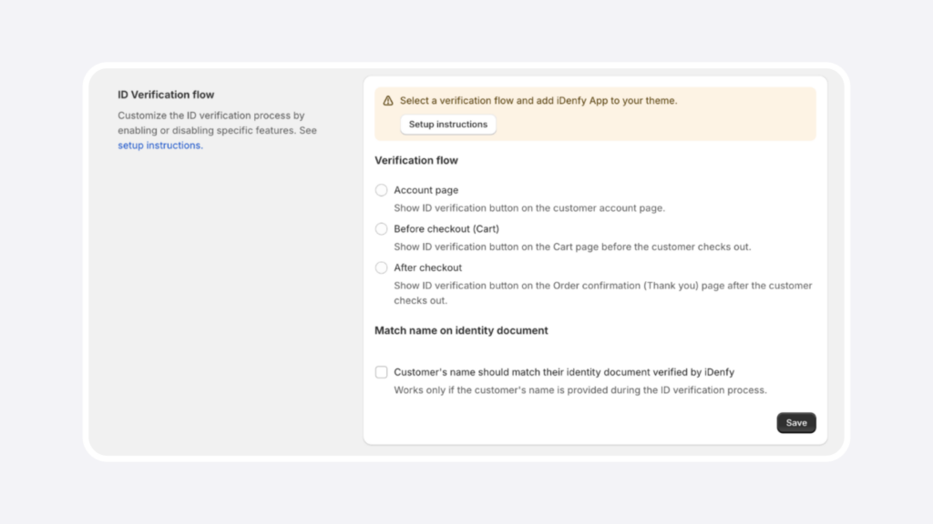Screenshot of the iDenfy admin panel showing the settings of the verification flow.