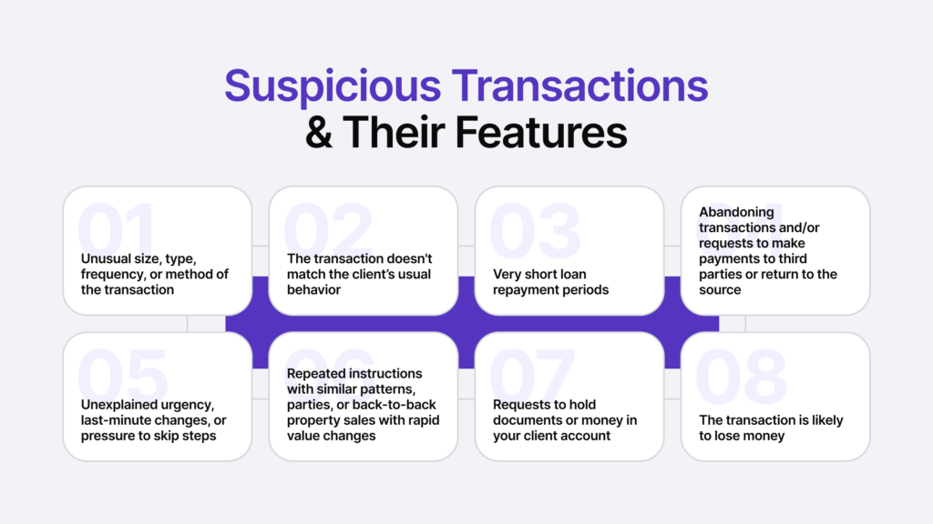 Infographic listing eight suspicious transactions and their features.