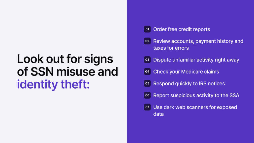 Infographic listing the main signs of SSN misuse.