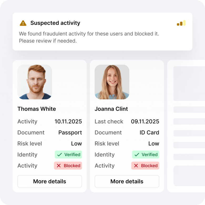 Suspected fraudulent activity notification for two previously verified users.