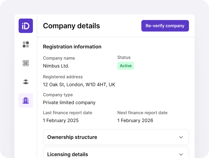 An example of a section in iDenfy's dashboard that displays the details of a verified company.