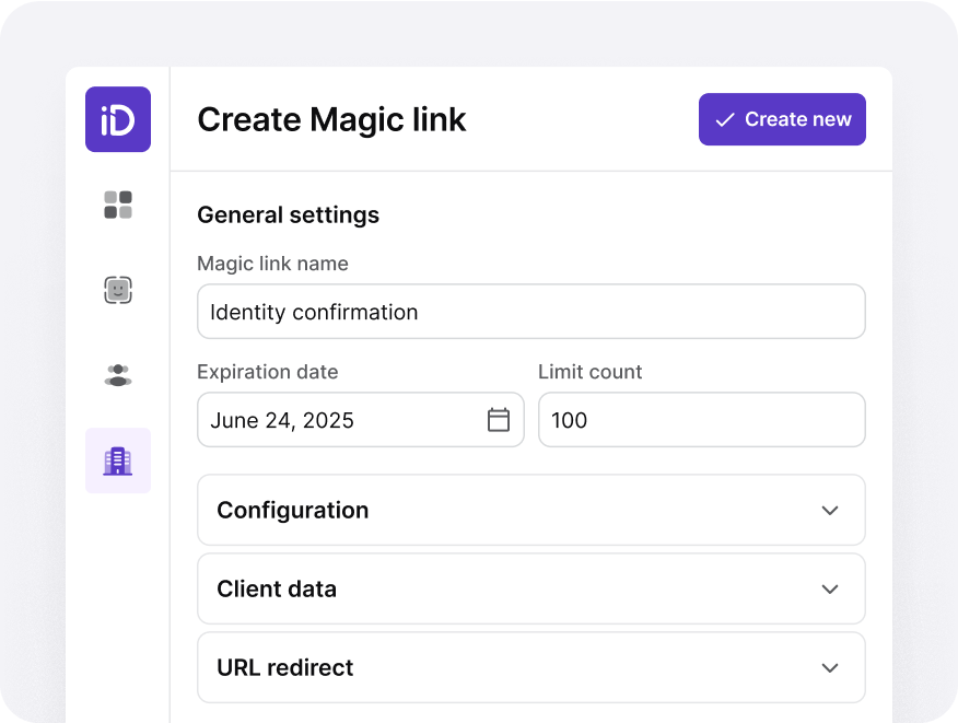 A screenshot of the general settings for the magic link feature in the iDenfy dashboard.