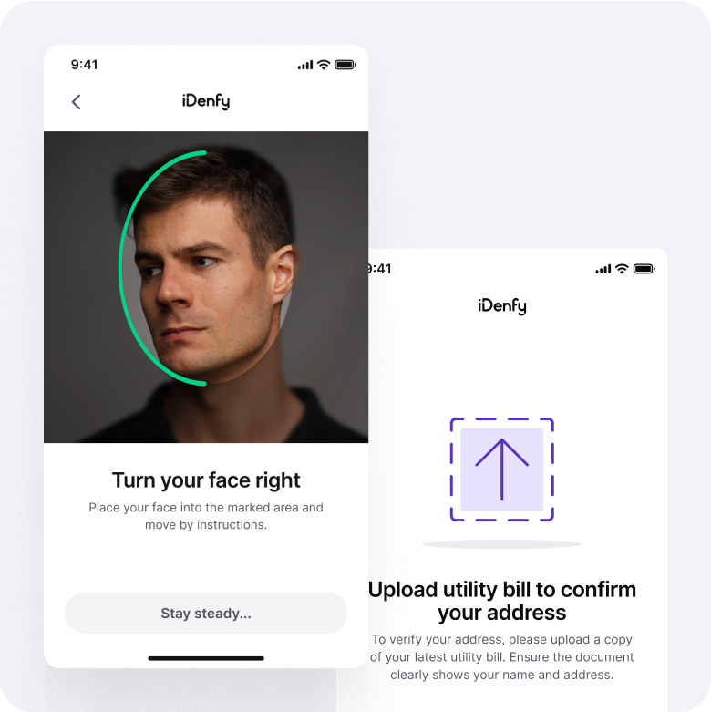 A collage of images: one showing a request to upload a utility bill and another depicting face verification.