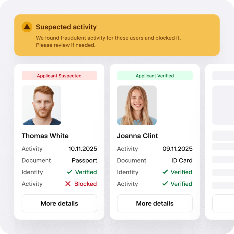 Examples of two different verifications, one applicant verified, and the other with a suspected fraudulent activity notification.