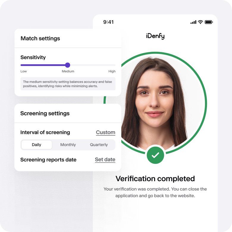 A collage of screening, match sensitivity settings, and a verification complete screen.