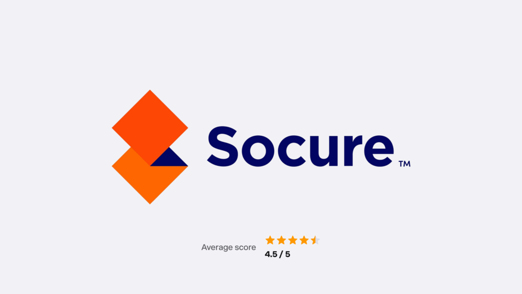 Logo of Socure with the score of 4.5 out of 5.