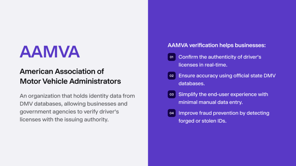 Infographic summarizing what AAMVA is and outlining the benefits of AAMVA verification for businesses.