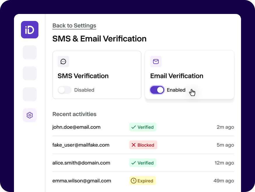 Part of iDenfy's dashboard with SMS and email verification settings and a recent activities list.