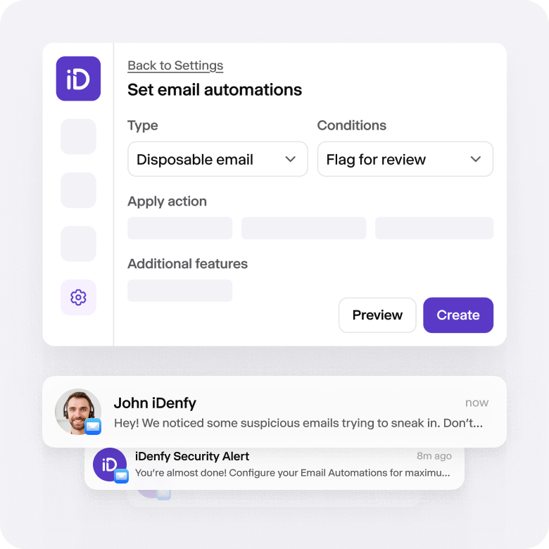 A section of iDenfy's dashboard that displays the email automation settings, including the different types and conditions.