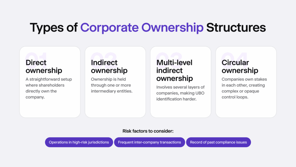 Infographic listing four types of ownership structures: direct, indirect, multi-level indirect, and circular.