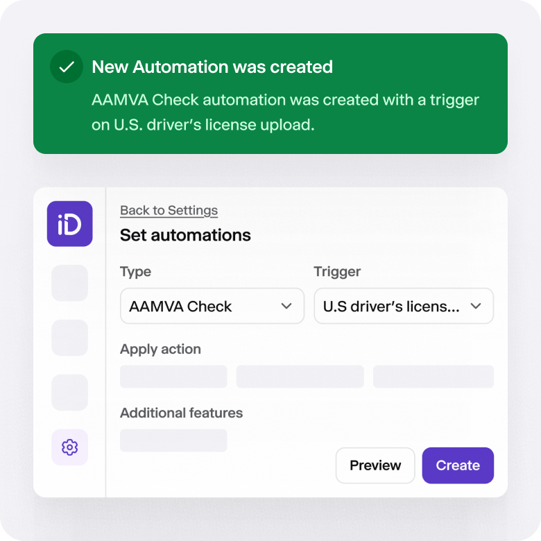 Automation settings with an option of AAMVA check being triggered by a user uploading a U.S driver's license.