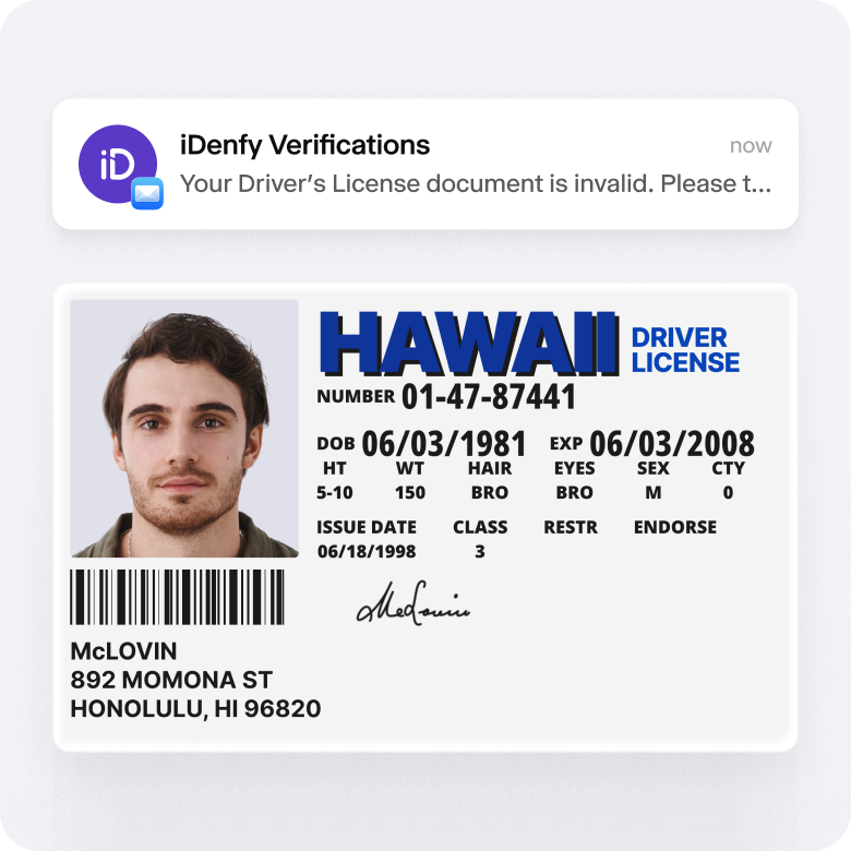 Example of a forged driver's license with an iDenfy notification indicating it has been labeled as invalid.