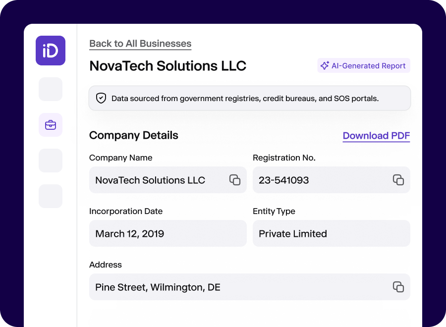 Part of the dashboard showing the company details for NovaTech Solutions LLC.
