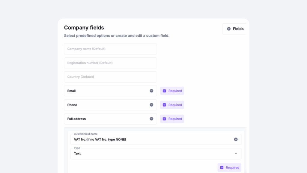 Empty iDenfy form for entering company information.
