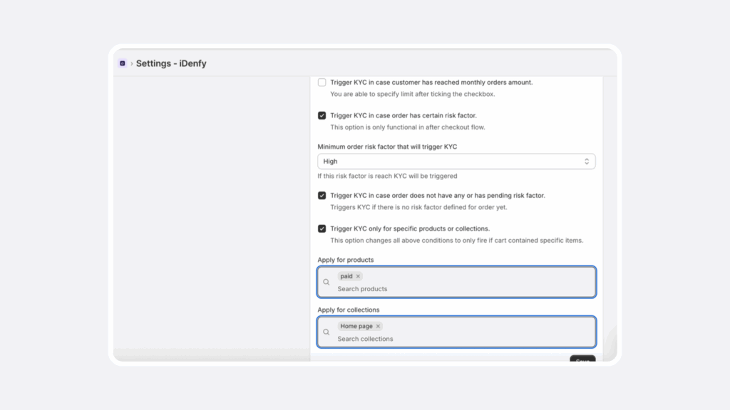 iDenfy shopify plugin settings