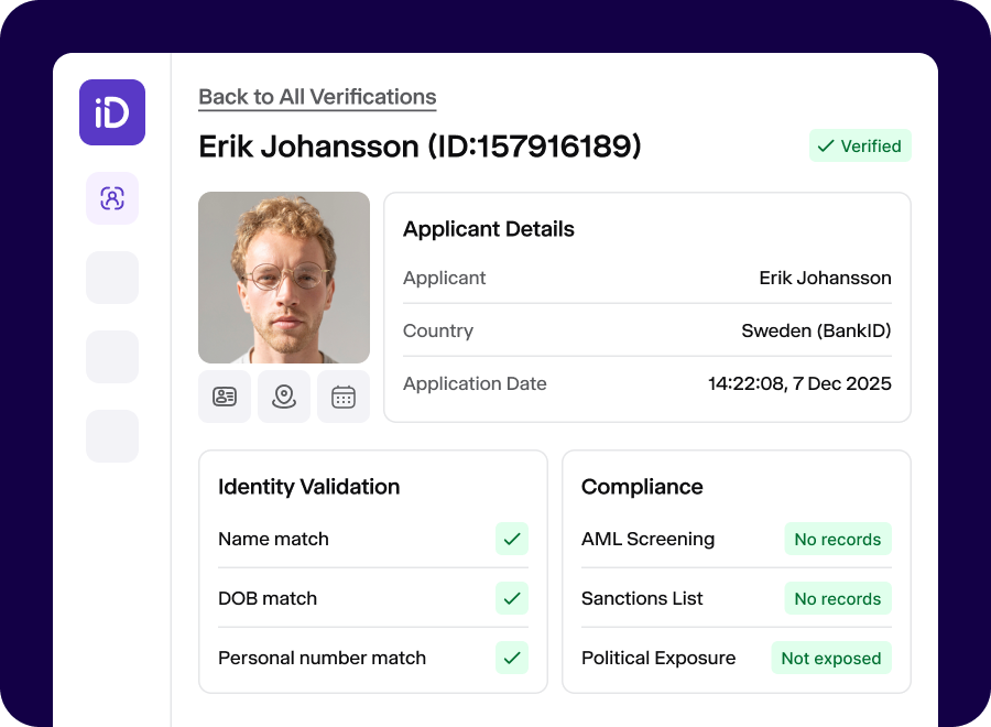 A section of iDenfy's dashboard displaying a verified applicant's details.