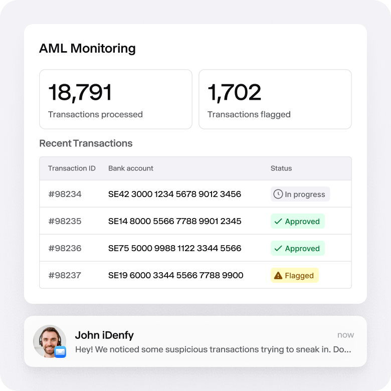 Part of iDenfy's dashboard showing AML monitoring results with recent transactions.