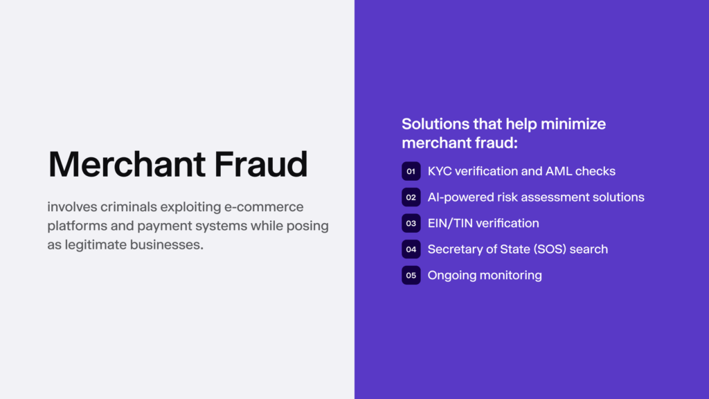Infographic explaining merchant fraud on the left, with solutions to minimize it on the right.