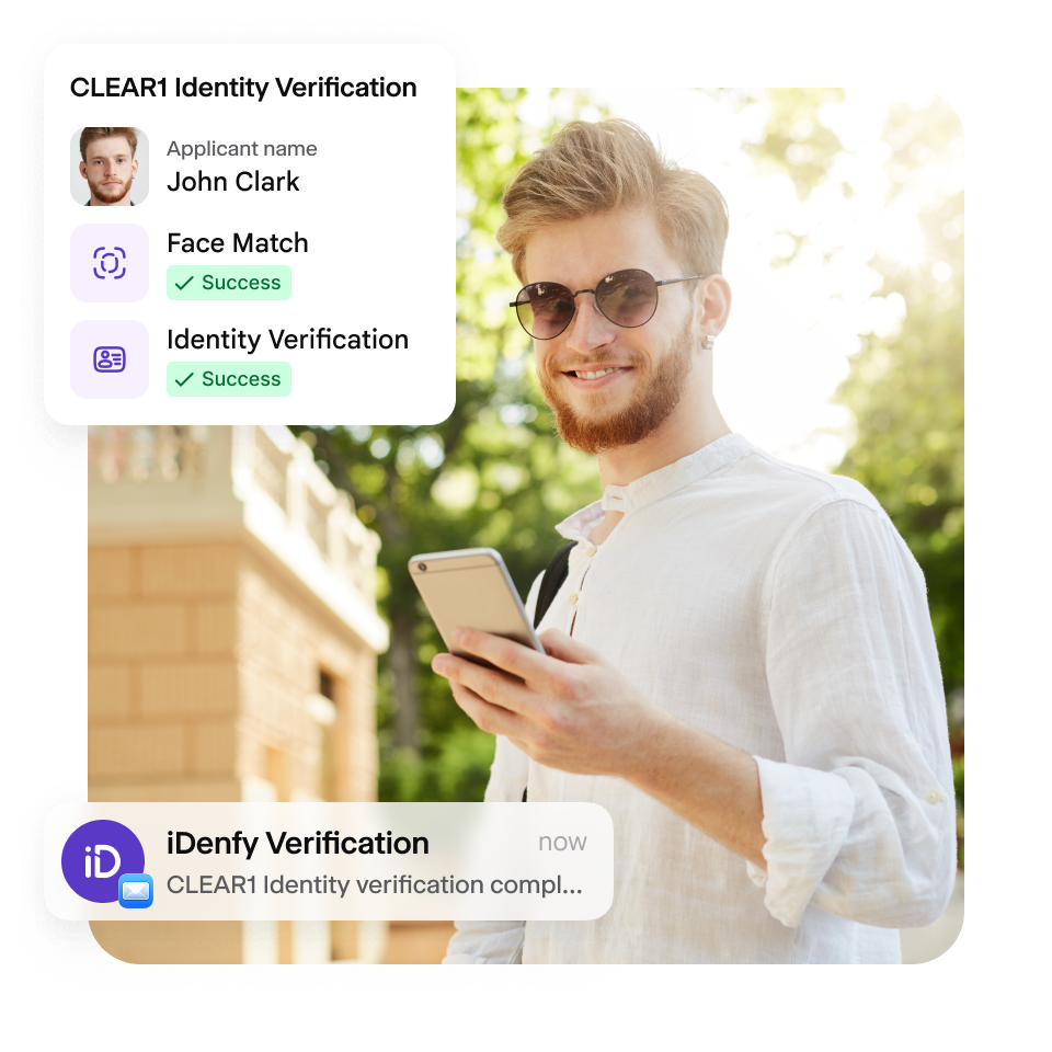 A collage of images around CLEAR1 identity verification.