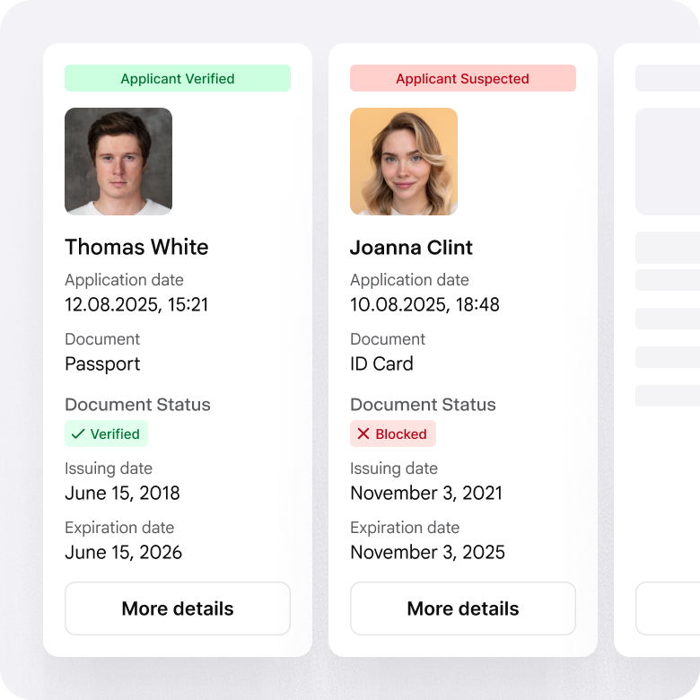 Two cards with applicant information and verification status.