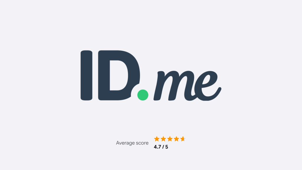 Logo of ID.me with the score of 4.7 out of 5. 