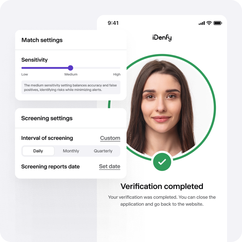 A collage of images with match sensitivity, screening settings, and a verification complete screen.