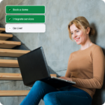A woman going through the three steps: book a demo, integrate services, and go live.