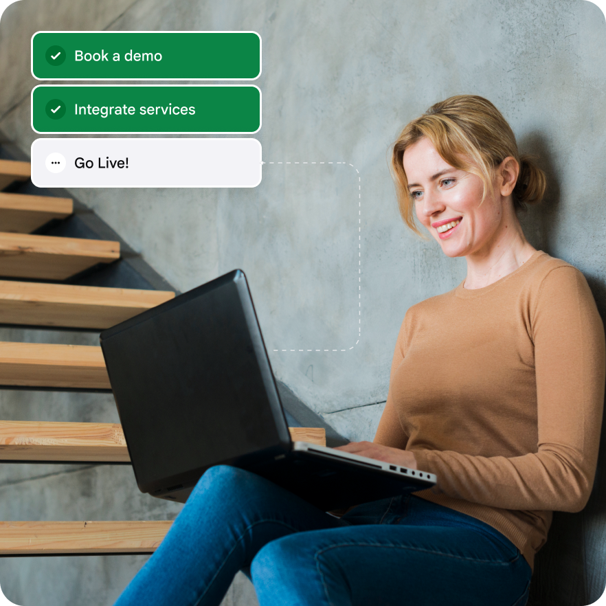 A woman going through the three steps: book a demo, integrate services, and go live.
