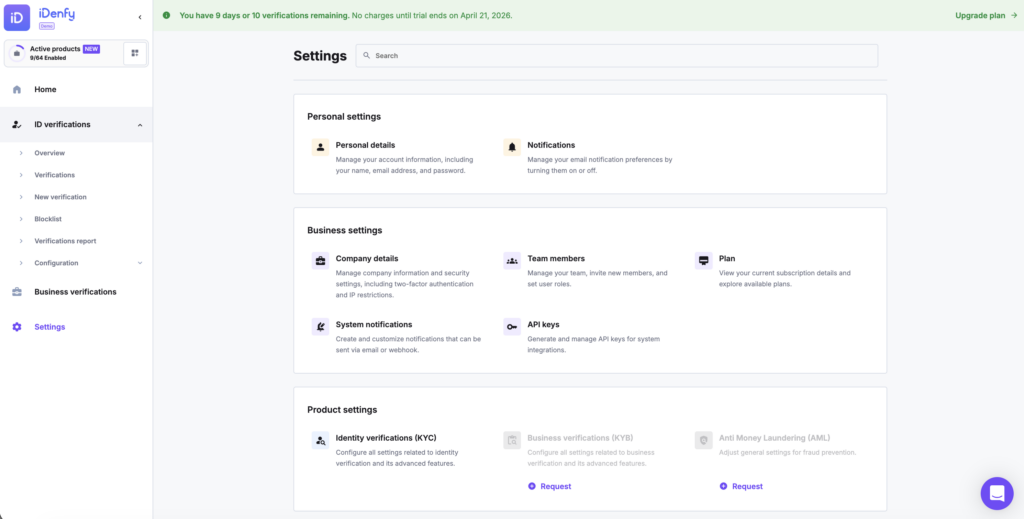 Settings page