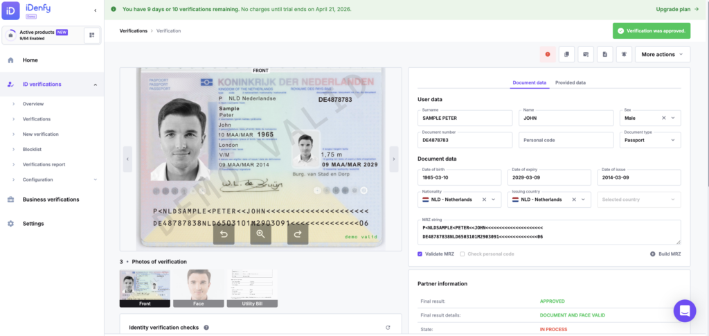 KYC verification data page