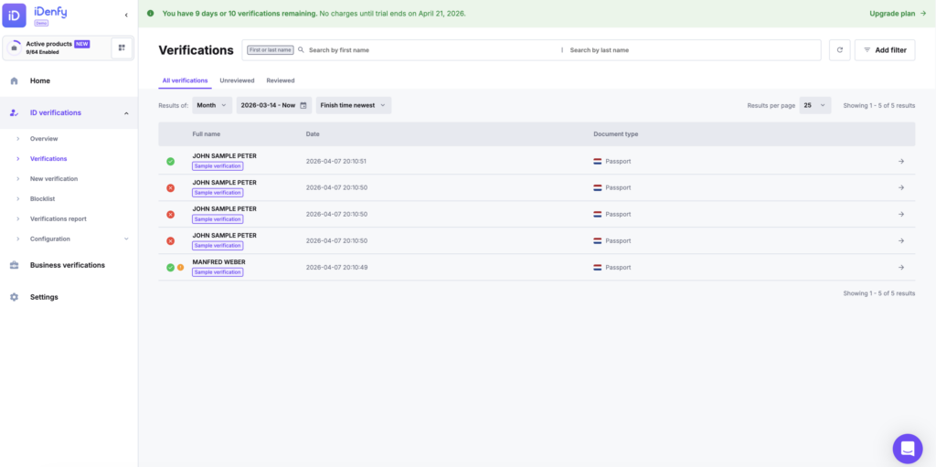 Verifications list page