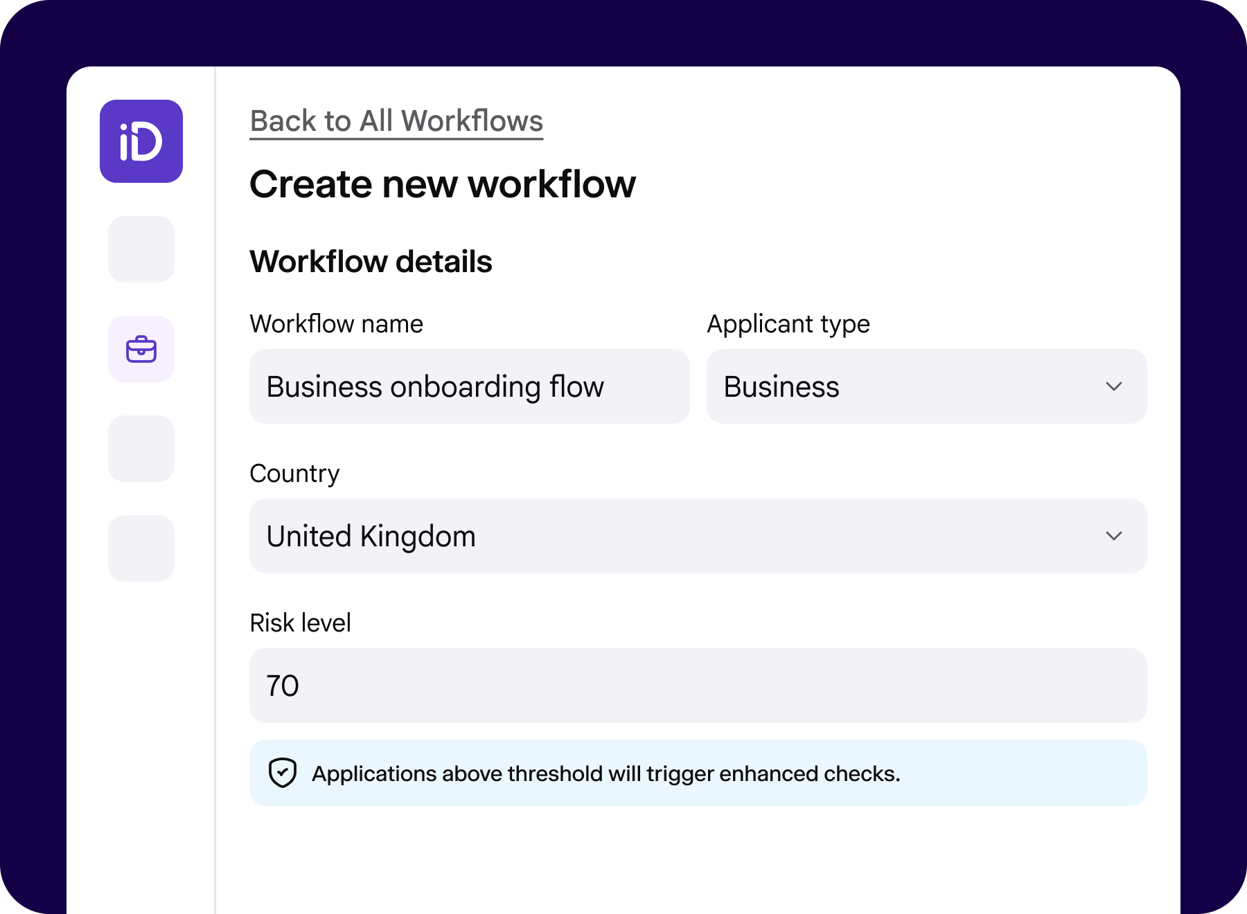 Example of a workflow creation window in the iDenfy dashboard.