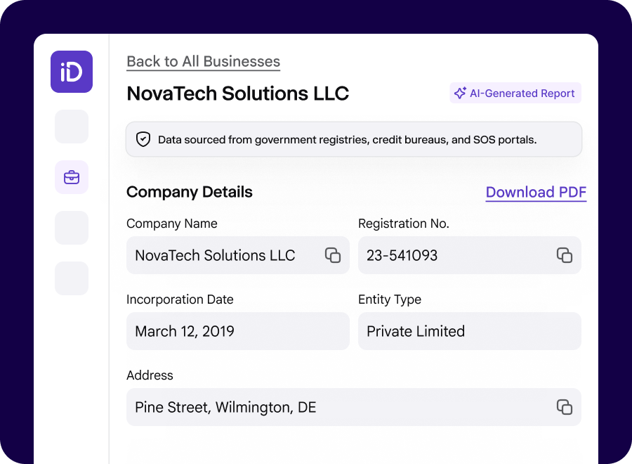 An example of an AI-generated report of a company in the iDenfy dashboard.